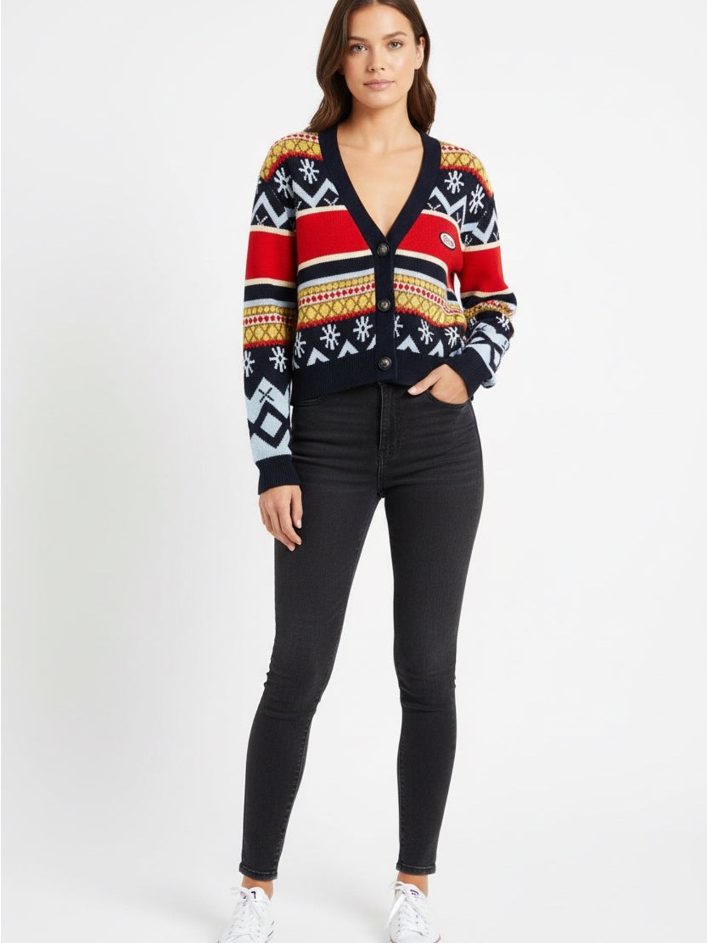 Navy & Red Patterned V-Neck Sweater
